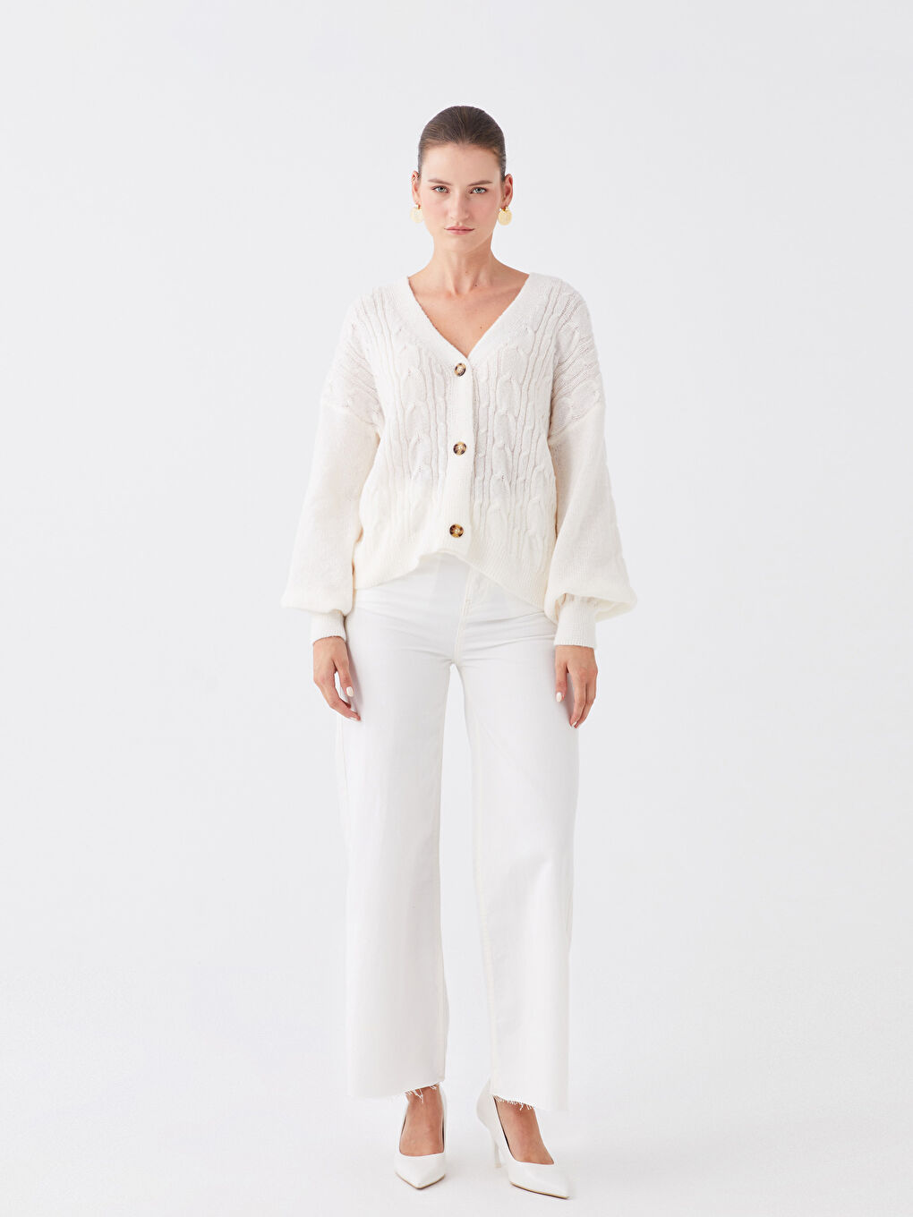 V-Neck Self Patterned Long Sleeve Women's Knitwear Cardigan-1