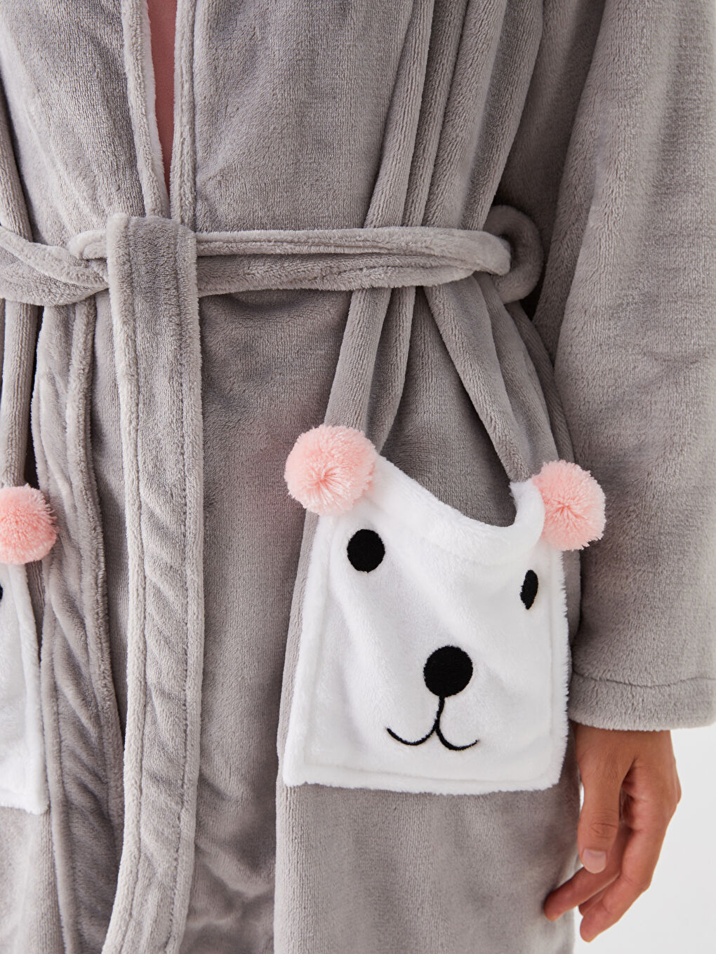 Gri Kapüşonlu Düz Uzun Kollu Kadın Sabahlık-3