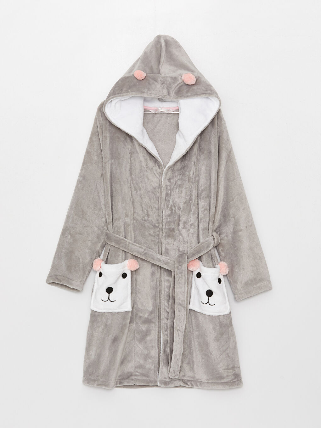 Gri Kapüşonlu Düz Uzun Kollu Kadın Sabahlık-5