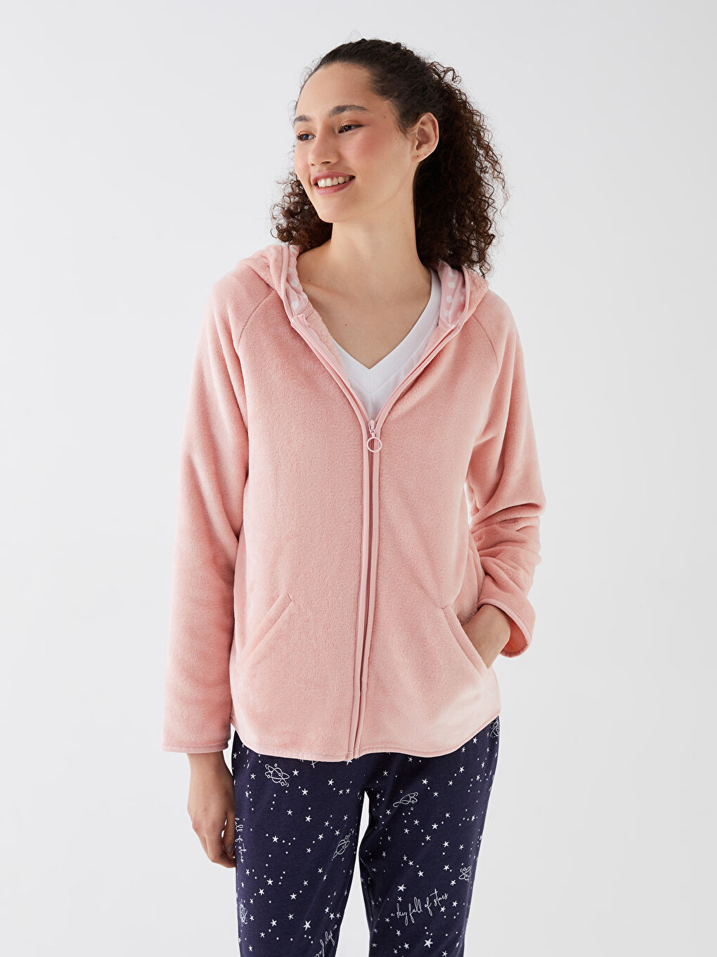Pembe Kapüşonlu Düz Uzun Kollu Kadın Pelüş Pijama Üst-1