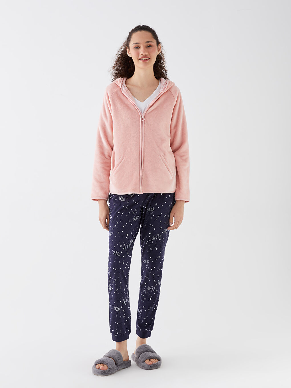 Pembe Kapüşonlu Düz Uzun Kollu Kadın Pelüş Pijama Üst-2