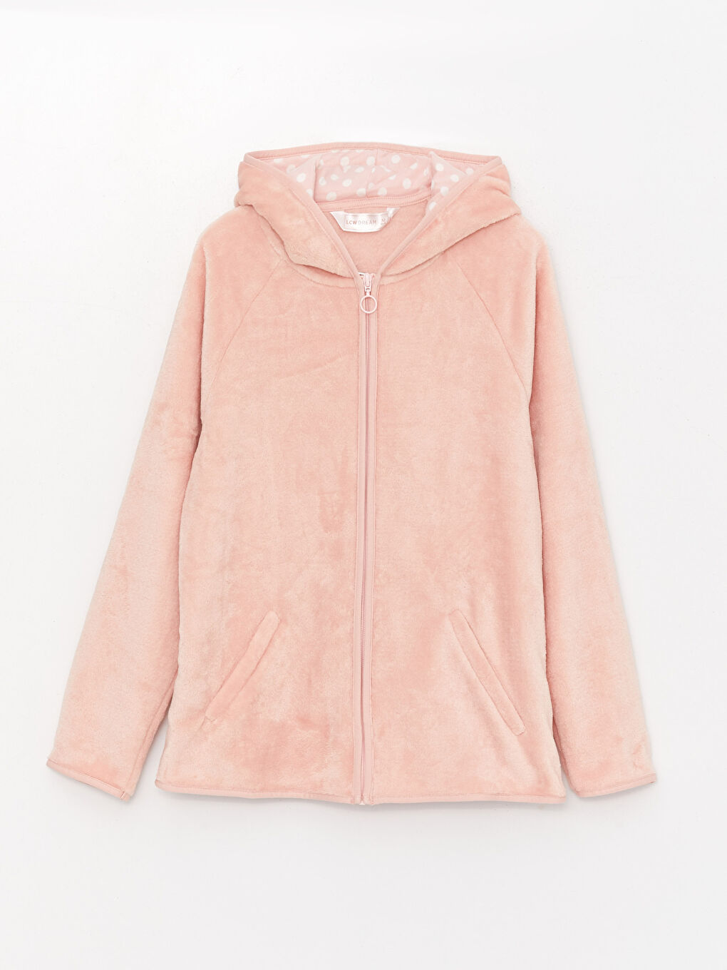 Pembe Kapüşonlu Düz Uzun Kollu Kadın Pelüş Pijama Üst-5