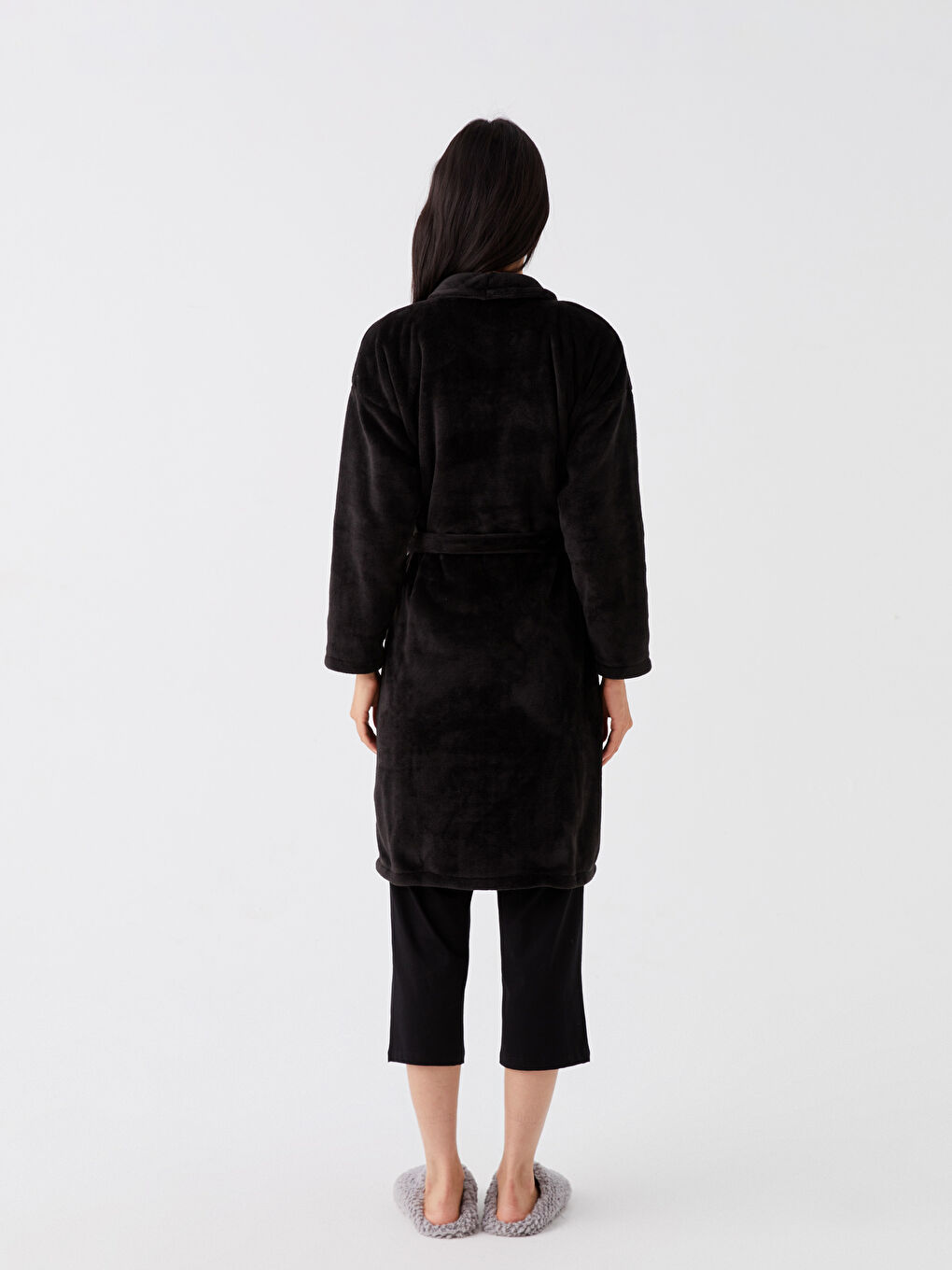 Halat pluș brodat cu mânecă lungă și guler șal pentru femei-4