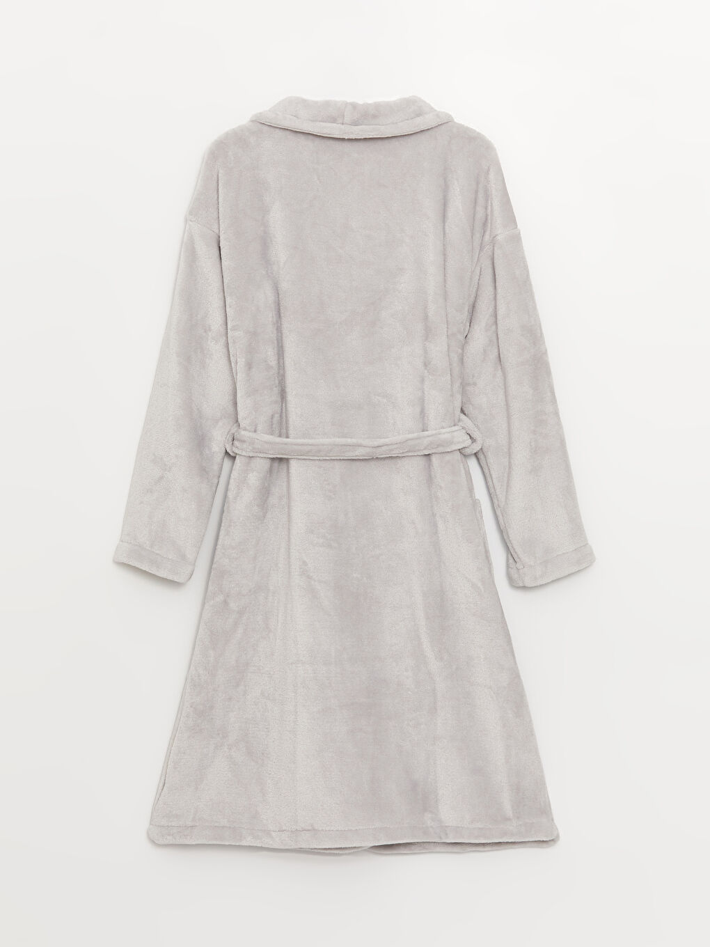 Gri Şal Yaka Düz Uzun Kollu Kadın Pelüş Sabahlık-6