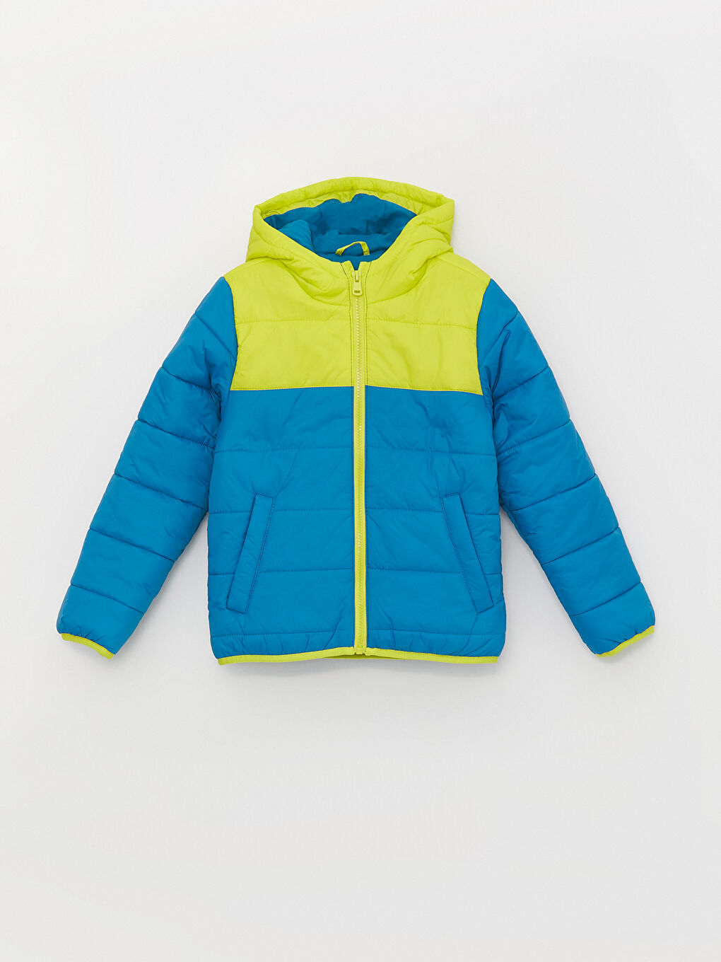 Mavi Kapüşonlu Renk Bloklu Erkek Çocuk Şişme Mont