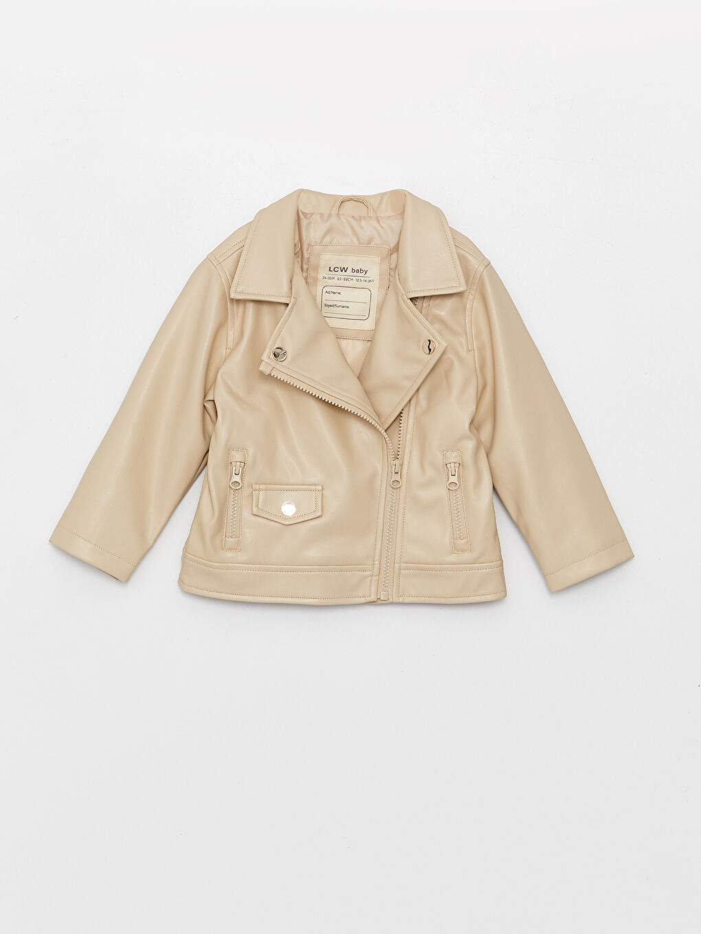 Bej Uzun Kollu Kız Bebek Deri Görünümlü Ceket