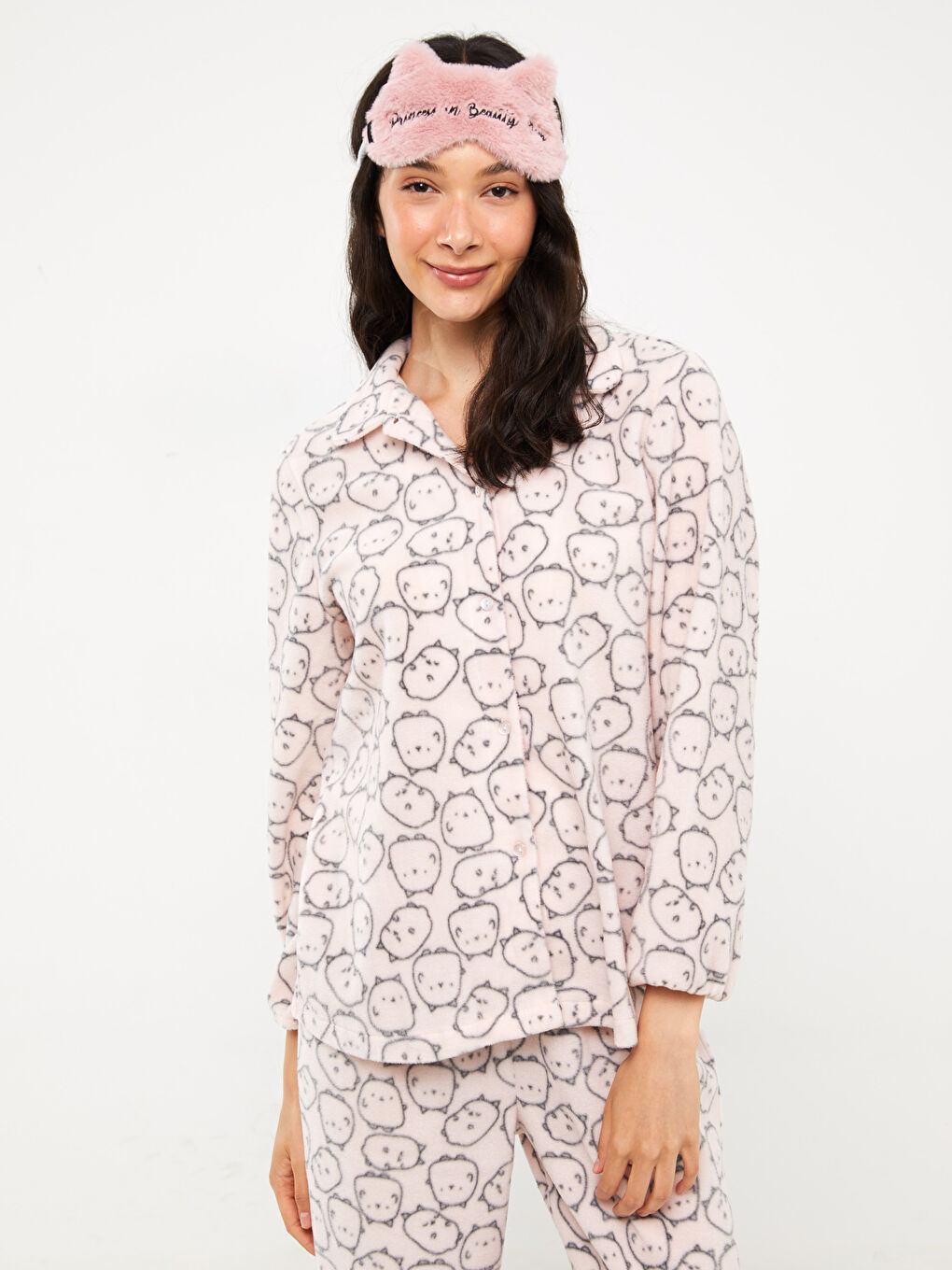 LC Waikiki Shirt Collar Patterned Long Sleeve Fleece Women's Pajamas Set -W30409Z8-LSZ