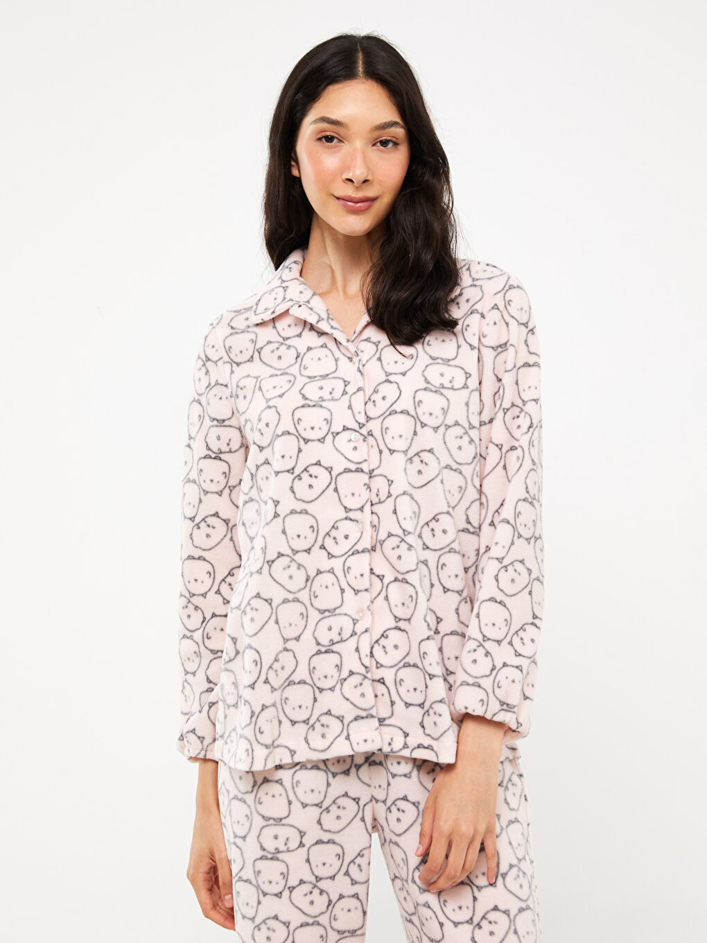 LC Waikiki Shirt Collar Patterned Long Sleeve Fleece Women's Pajamas Set -W30409Z8-LSZ