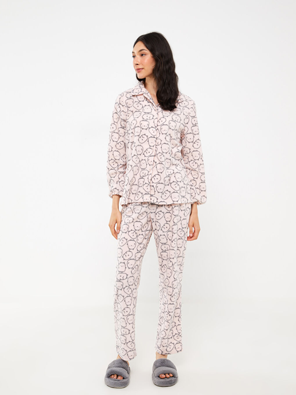 LC Waikiki Shirt Collar Patterned Long Sleeve Fleece Women's Pajamas Set -W30409Z8-LSZ