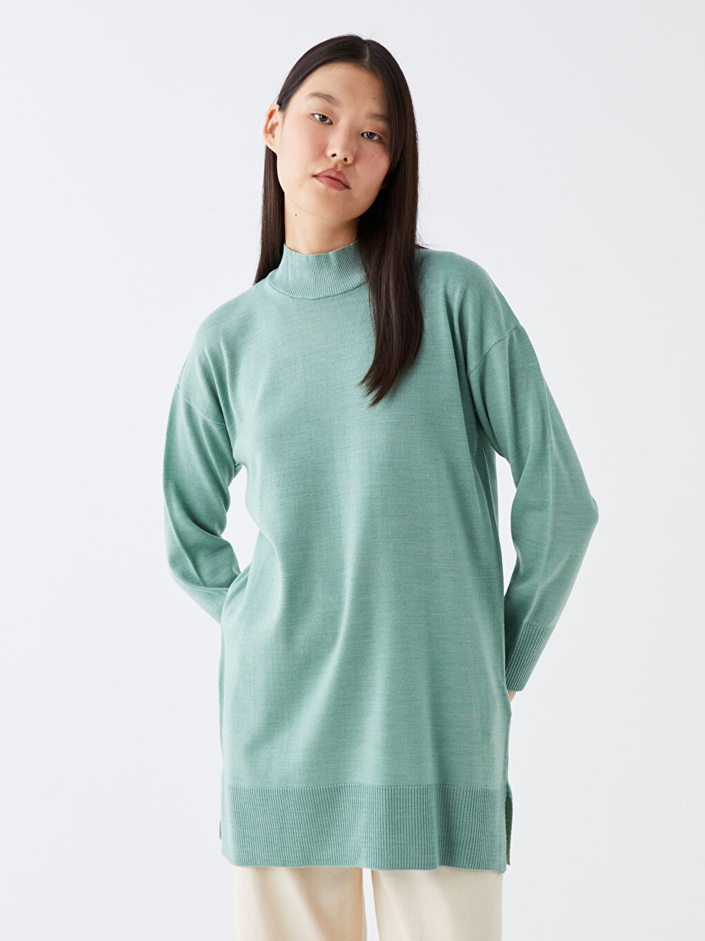 Half Turtleneck Plain Long Sleeve Women's Knitwear Tunic -W30451Z8-VG5