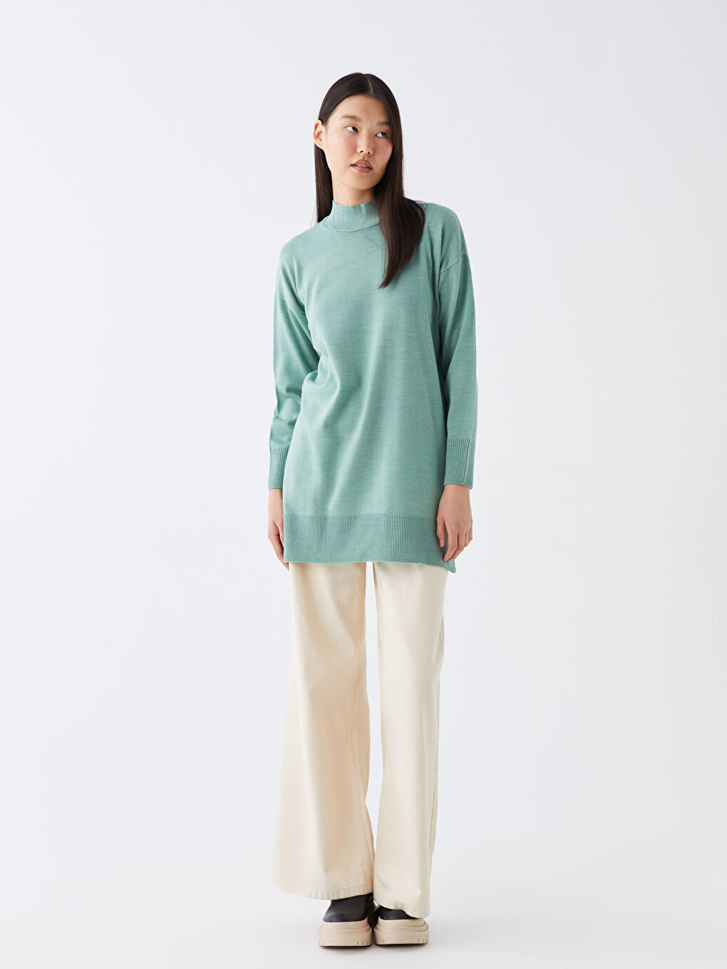 Half Turtleneck Plain Long Sleeve Women's Knitwear Tunic -W30451Z8-VG5