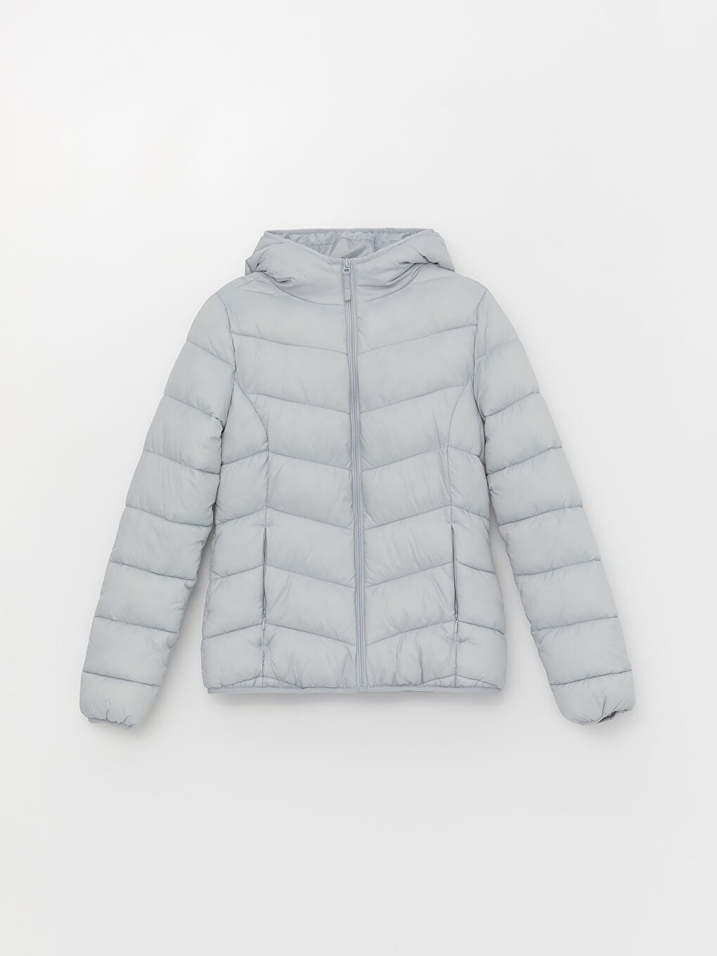 Gri Kadın Kapüşonlu Düz Şişme Mont-6