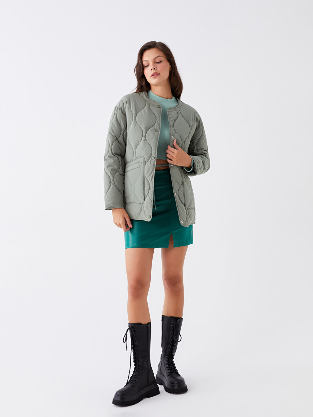 Haki Bisiklet Yaka Kendinden Desenli Kadın Şişme Mont-2