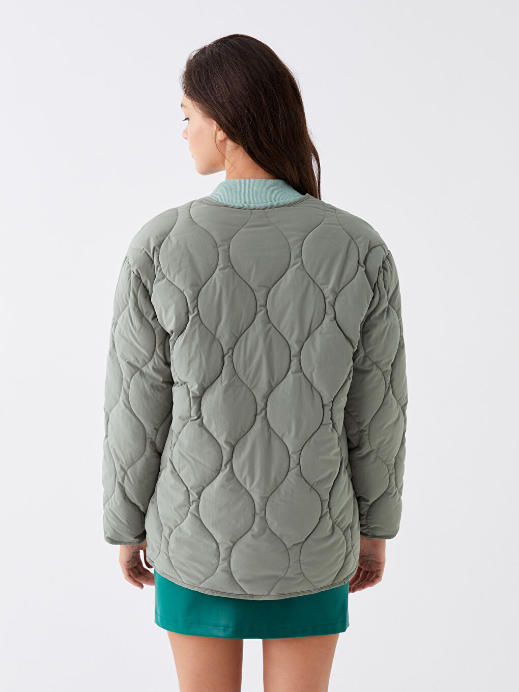 Haki Bisiklet Yaka Kendinden Desenli Kadın Şişme Mont-5