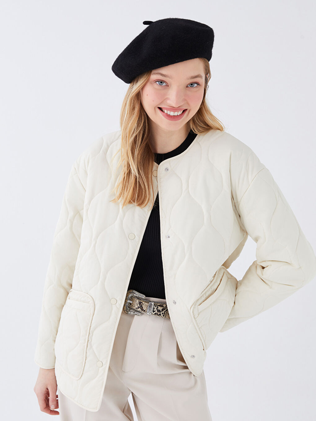 Crew Neck Self-Patterned Women's Puffer Coat-1