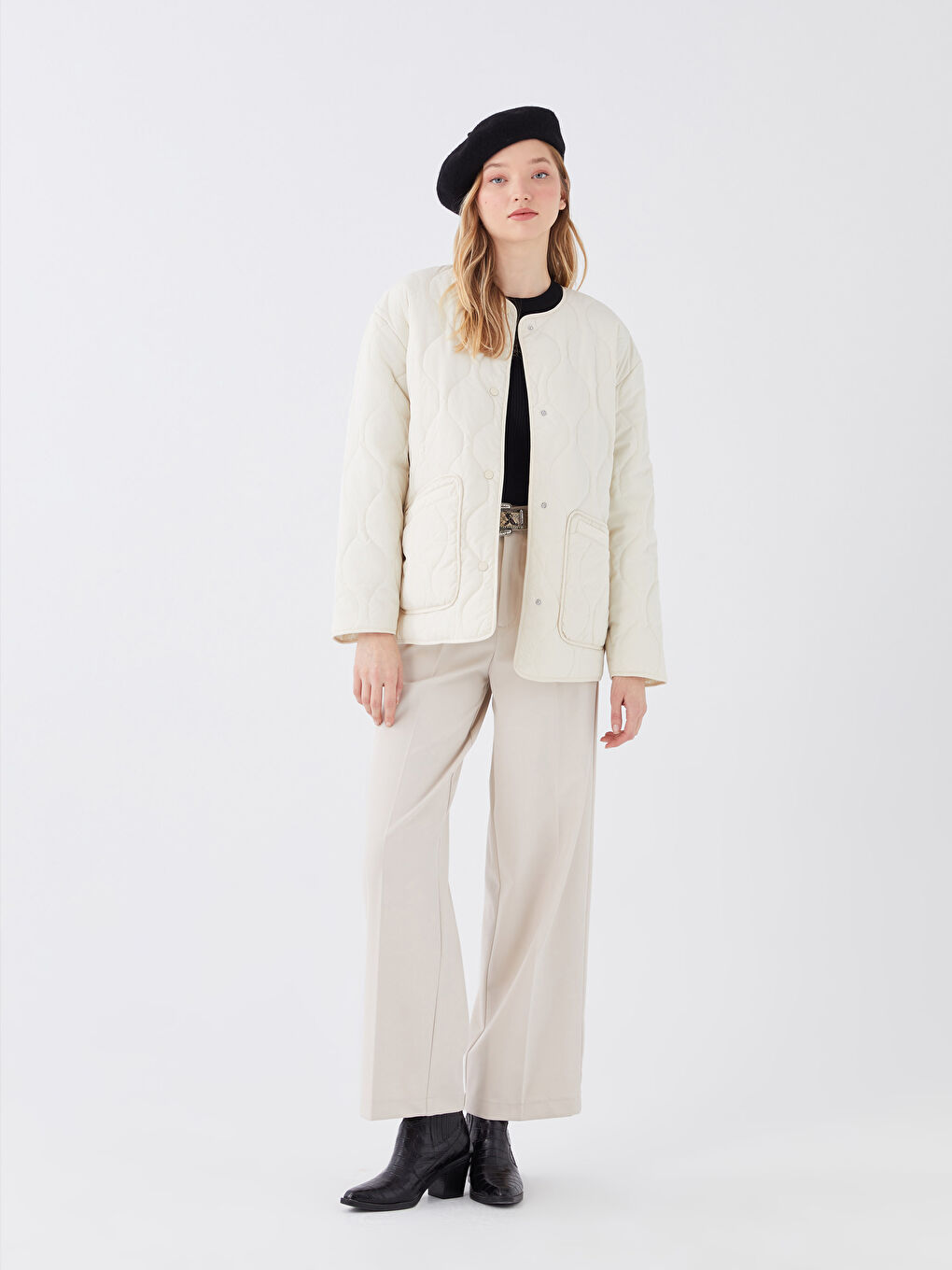 Crew Neck Self-Patterned Women's Puffer Coat-2