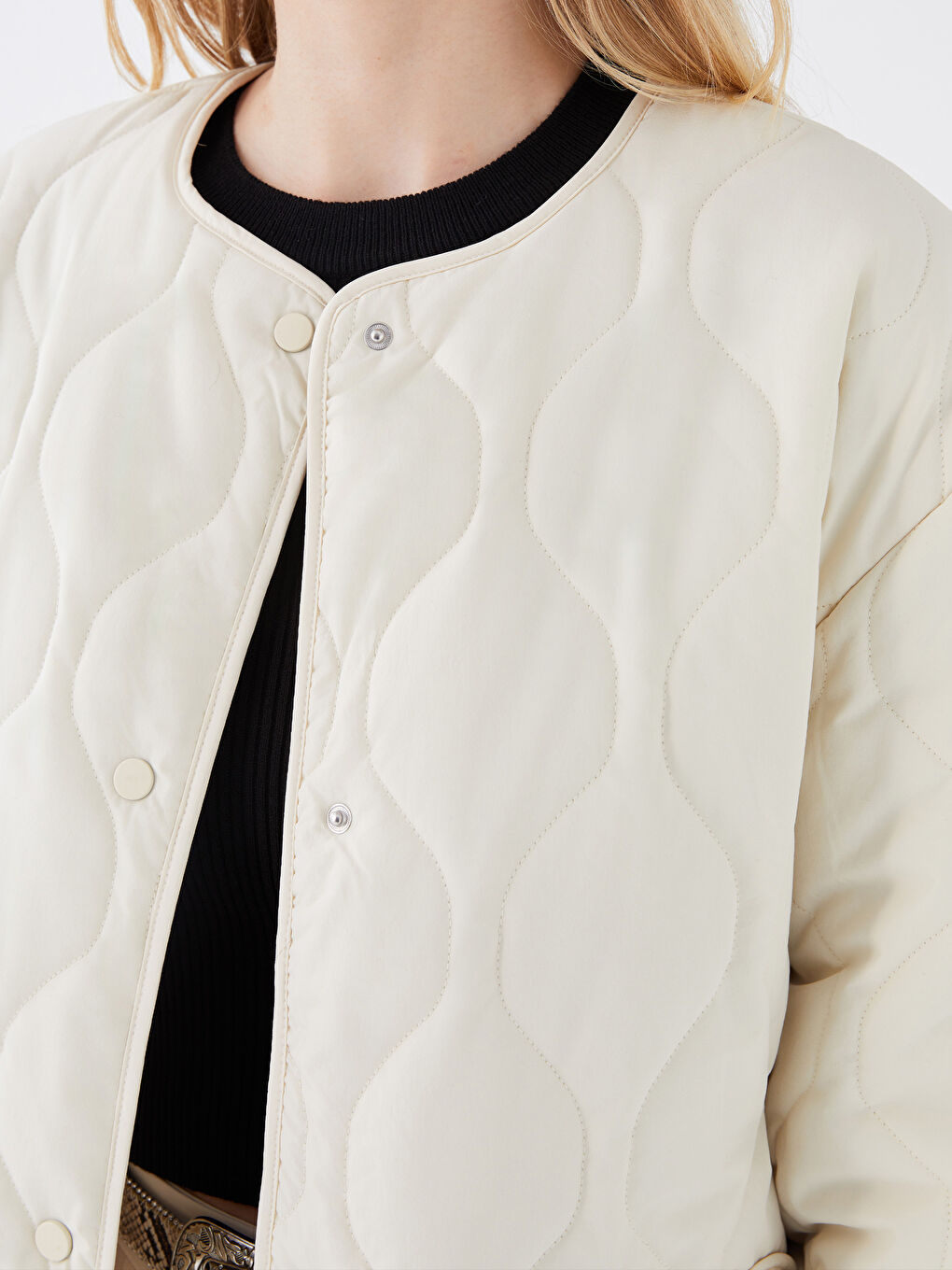 Crew Neck Self-Patterned Women's Puffer Coat-4