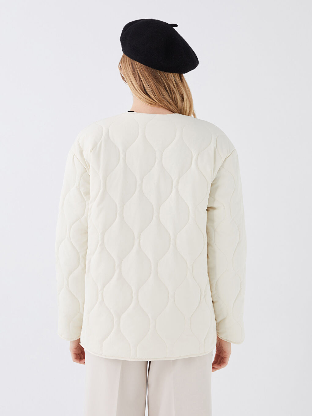 Crew Neck Self-Patterned Women's Puffer Coat-5