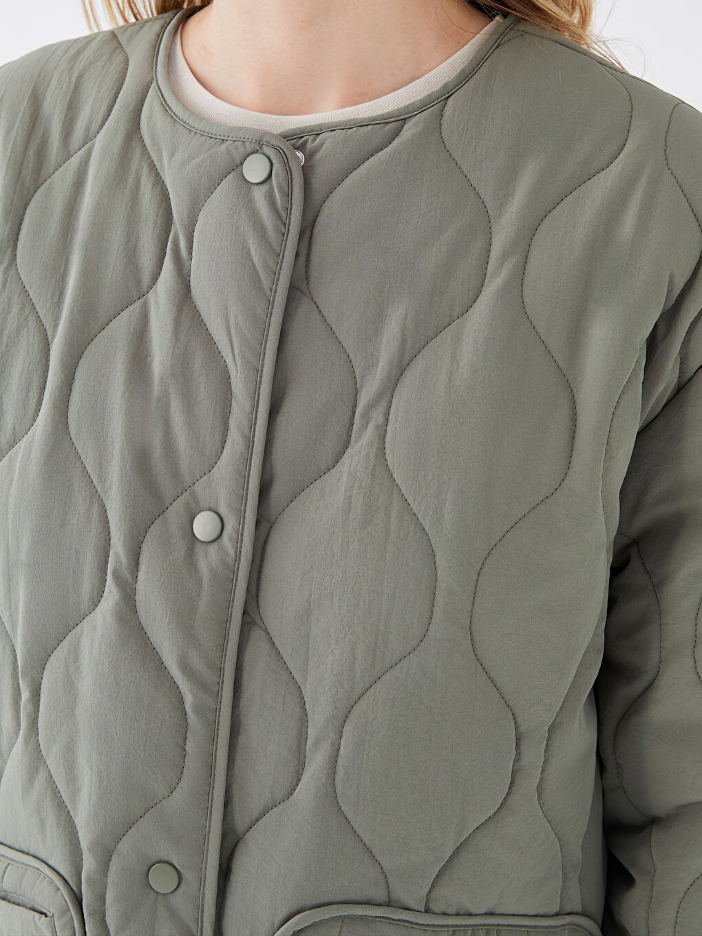 Crew Neck Self-Patterned Women's Puffer Coat-4