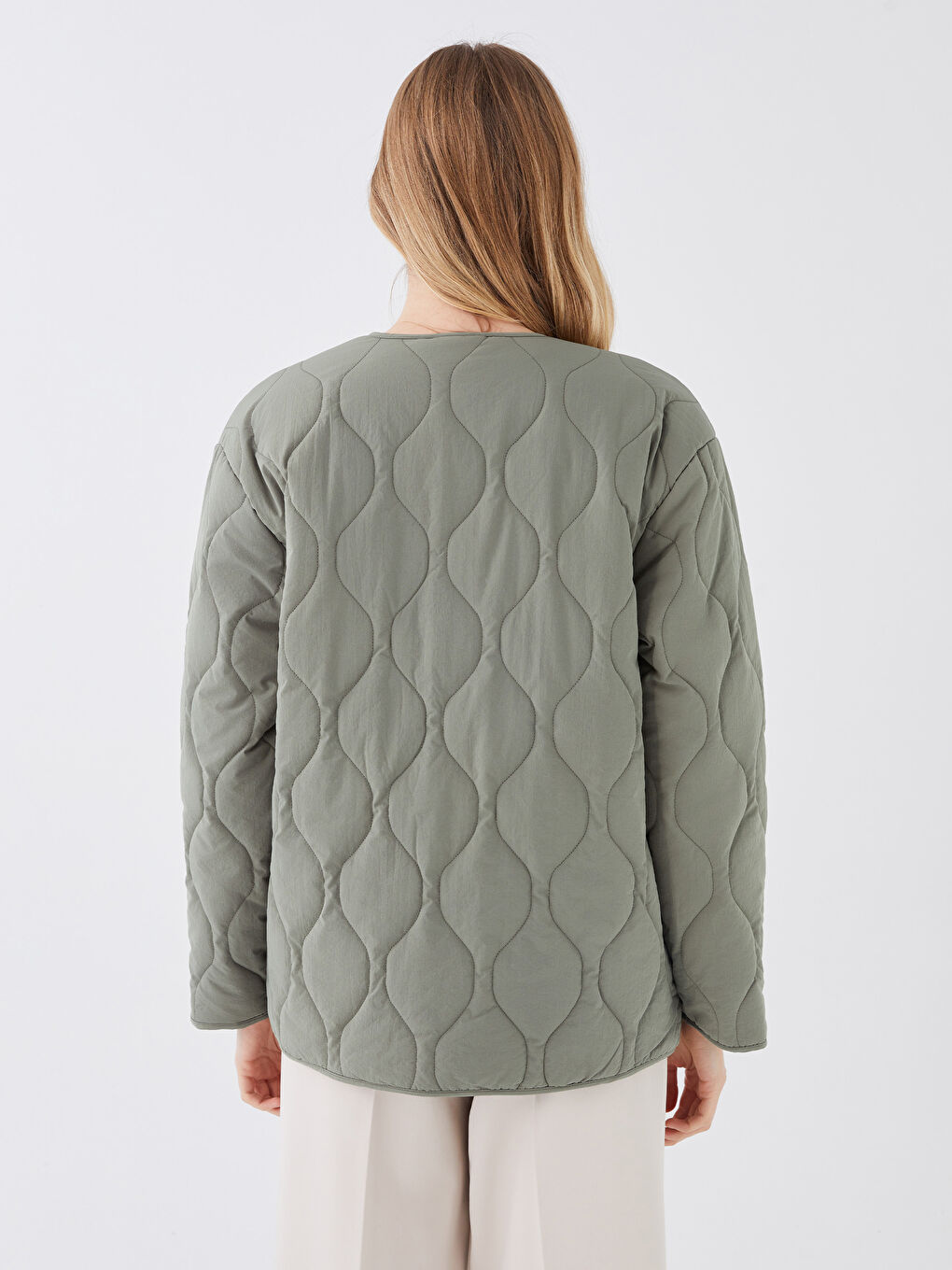 Crew Neck Self-Patterned Women's Puffer Coat-5