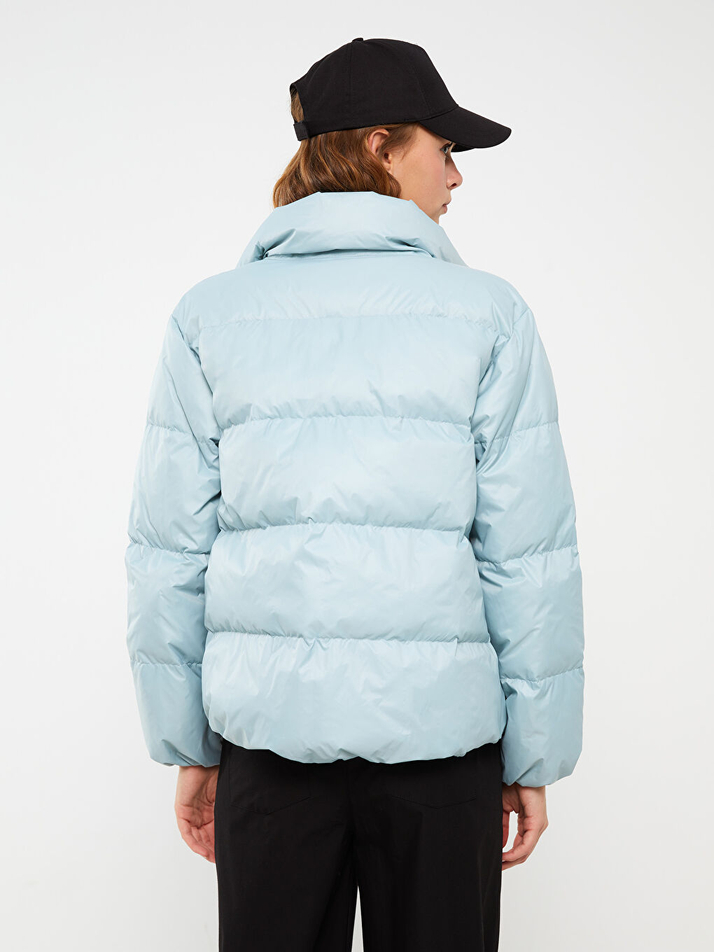 ياقة قمع كم طويل عادي معطف منتفخ للسيدات-5