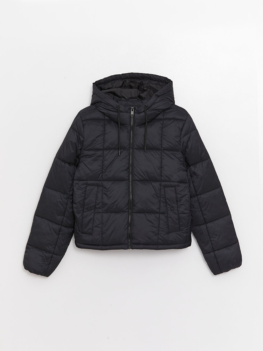 Siyah Kadın Kapüşonlu Düz Şişme Mont-6