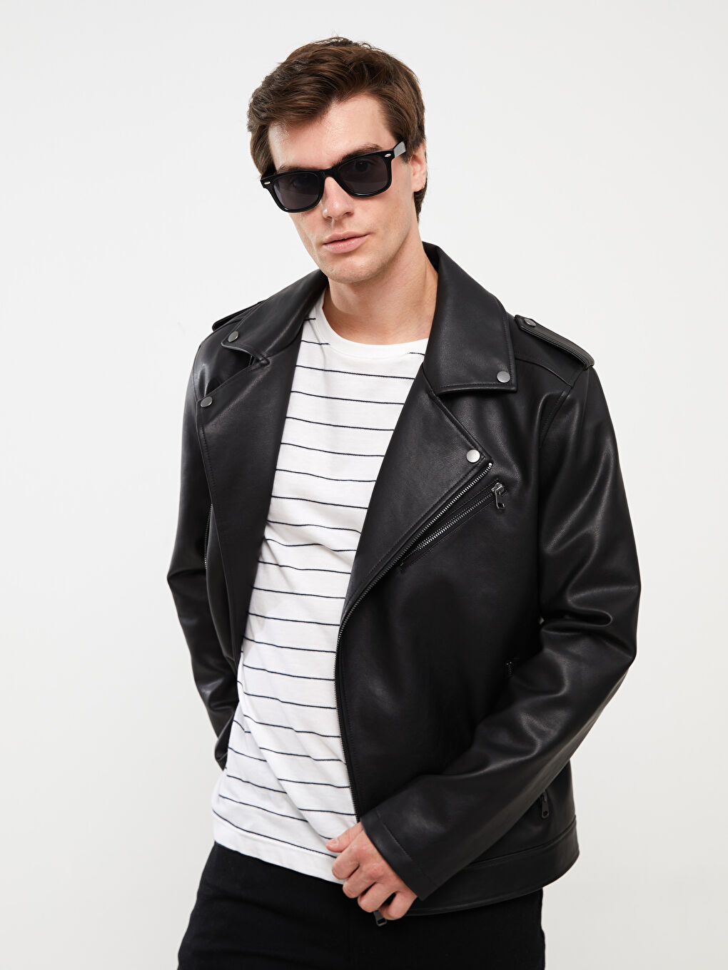 XSIDE Siyah Slim Fit Ceket Yaka Erkek Deri Görünümlü Mont
