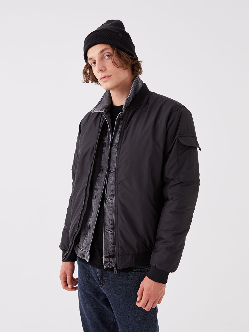 Siyah Rahat Kalıp Kolej Yaka Bomber Erkek Mont