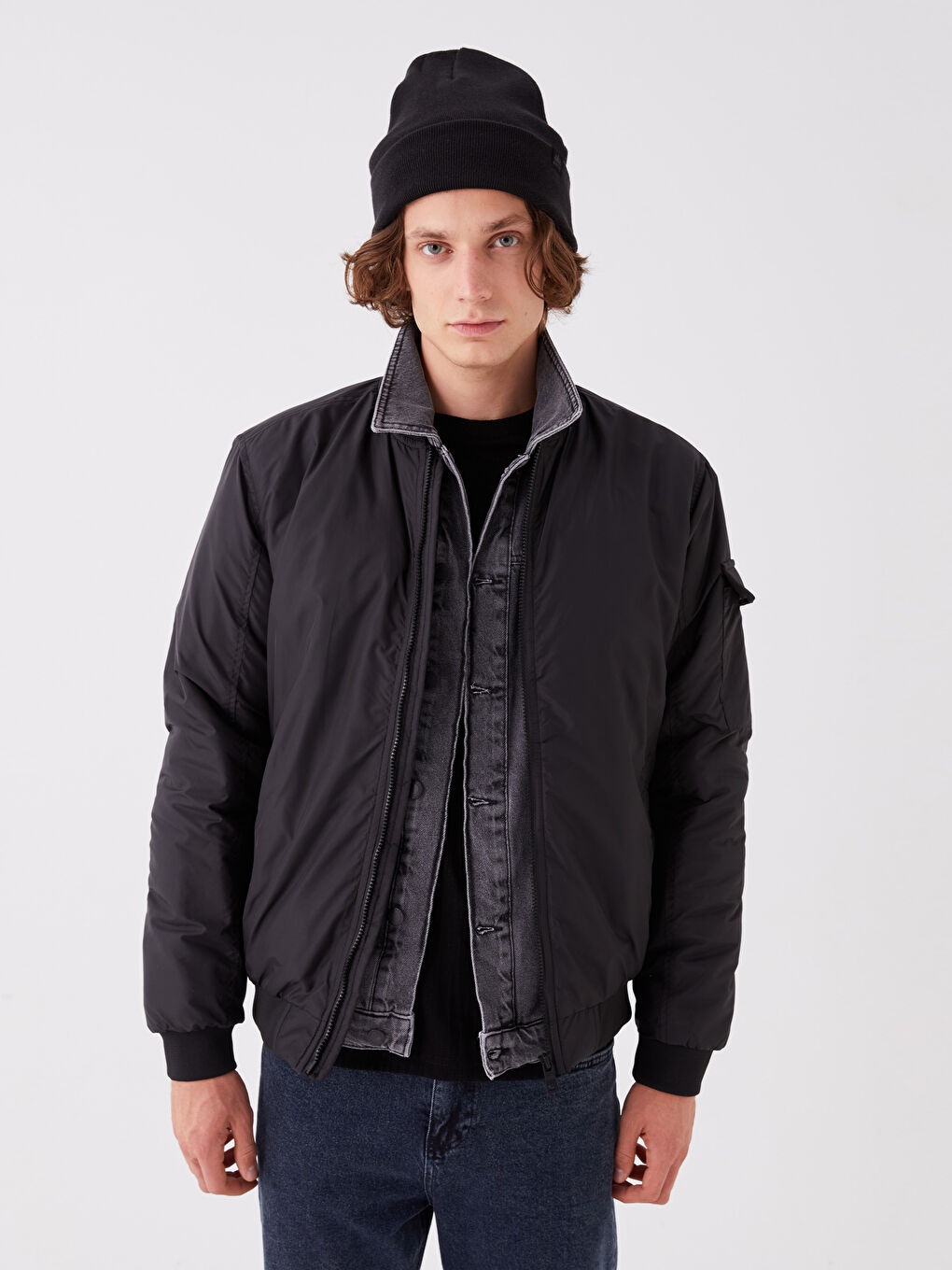 Siyah Rahat Kalıp Kolej Yaka Bomber Erkek Mont-1