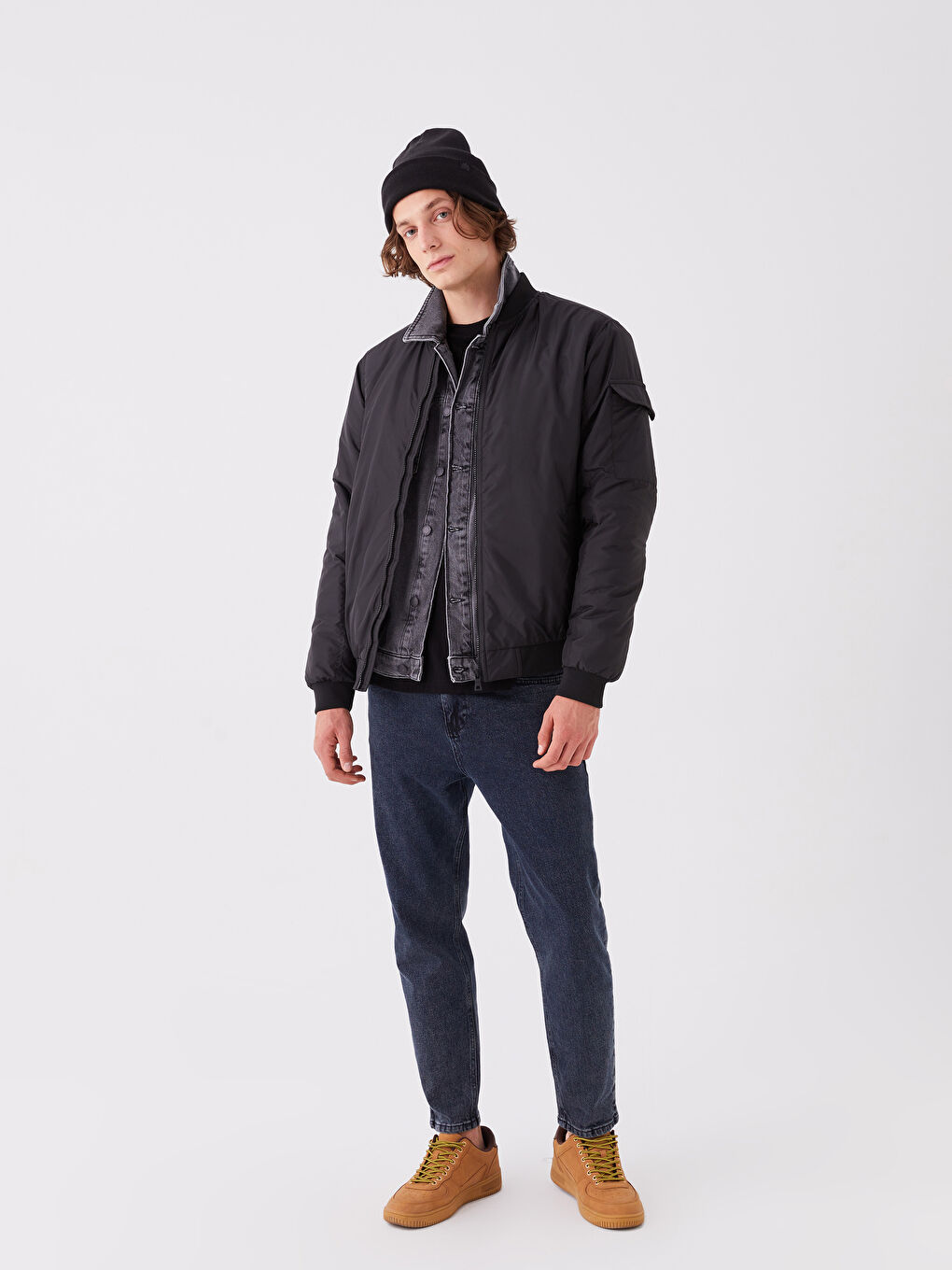 Siyah Rahat Kalıp Kolej Yaka Bomber Erkek Mont-4