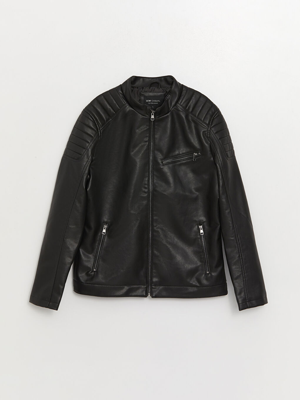 Siyah Slim Fit Dik Yaka Erkek Deri Görünümlü Mont-6