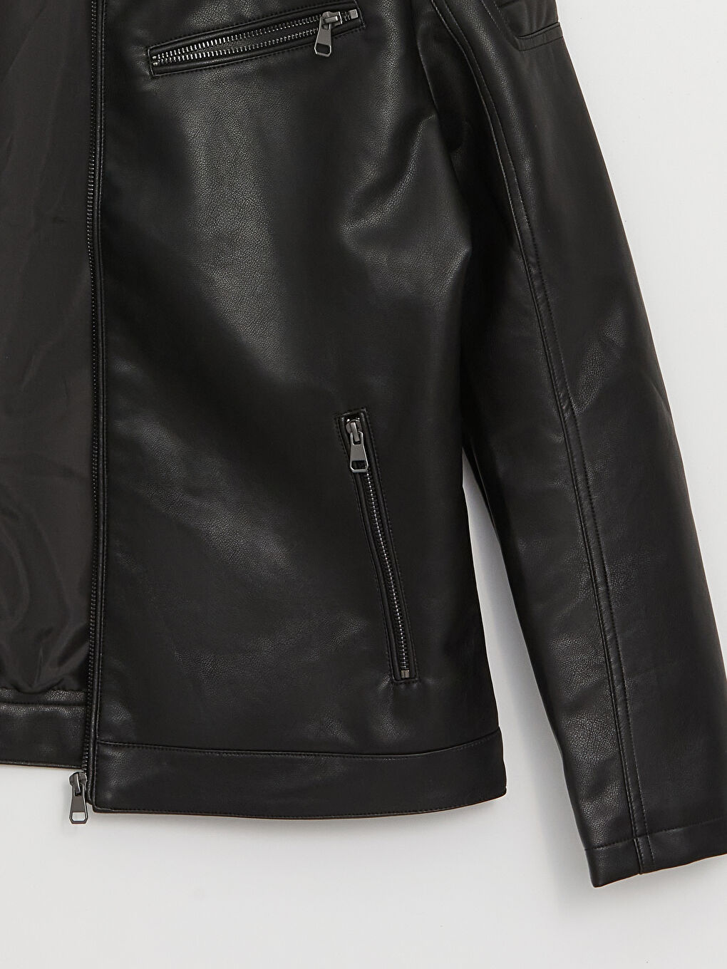 Siyah Slim Fit Dik Yaka Erkek Deri Görünümlü Mont-8