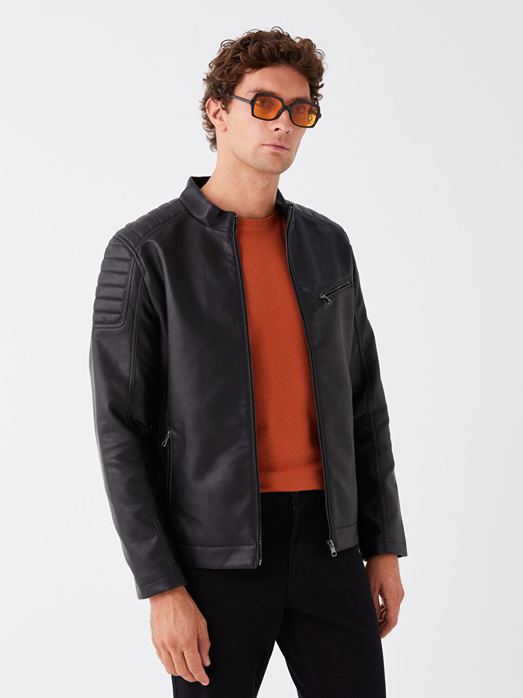 Siyah Slim Fit Dik Yaka Erkek Deri Görünümlü Mont-1