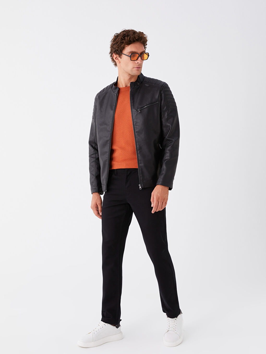 Siyah Slim Fit Dik Yaka Erkek Deri Görünümlü Mont-2