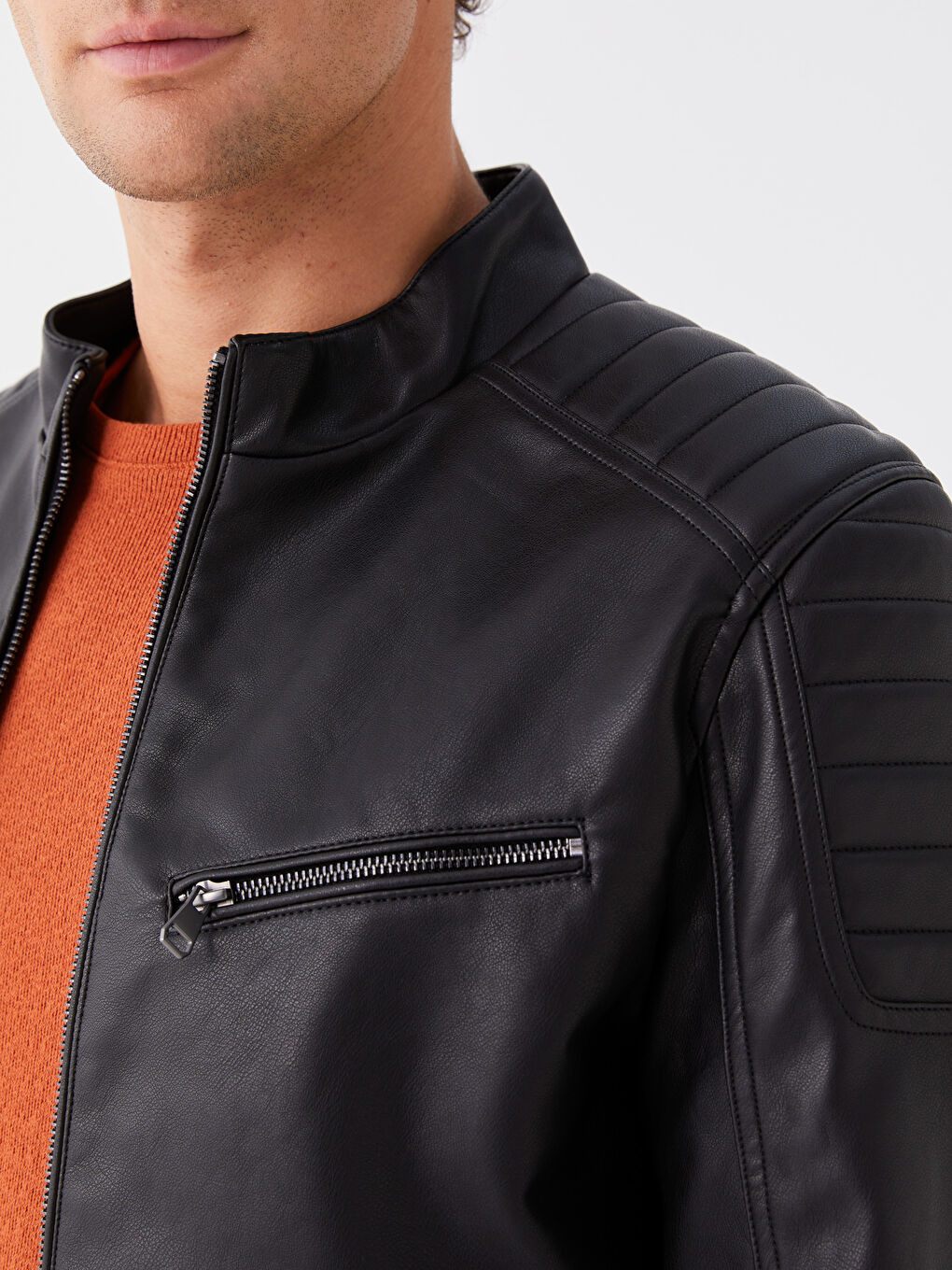 Siyah Slim Fit Dik Yaka Erkek Deri Görünümlü Mont-3