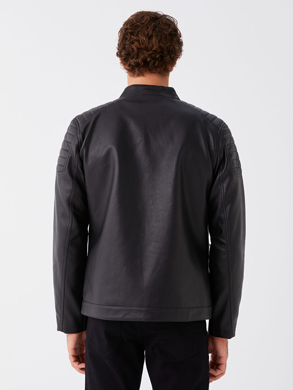 Siyah Slim Fit Dik Yaka Erkek Deri Görünümlü Mont-5