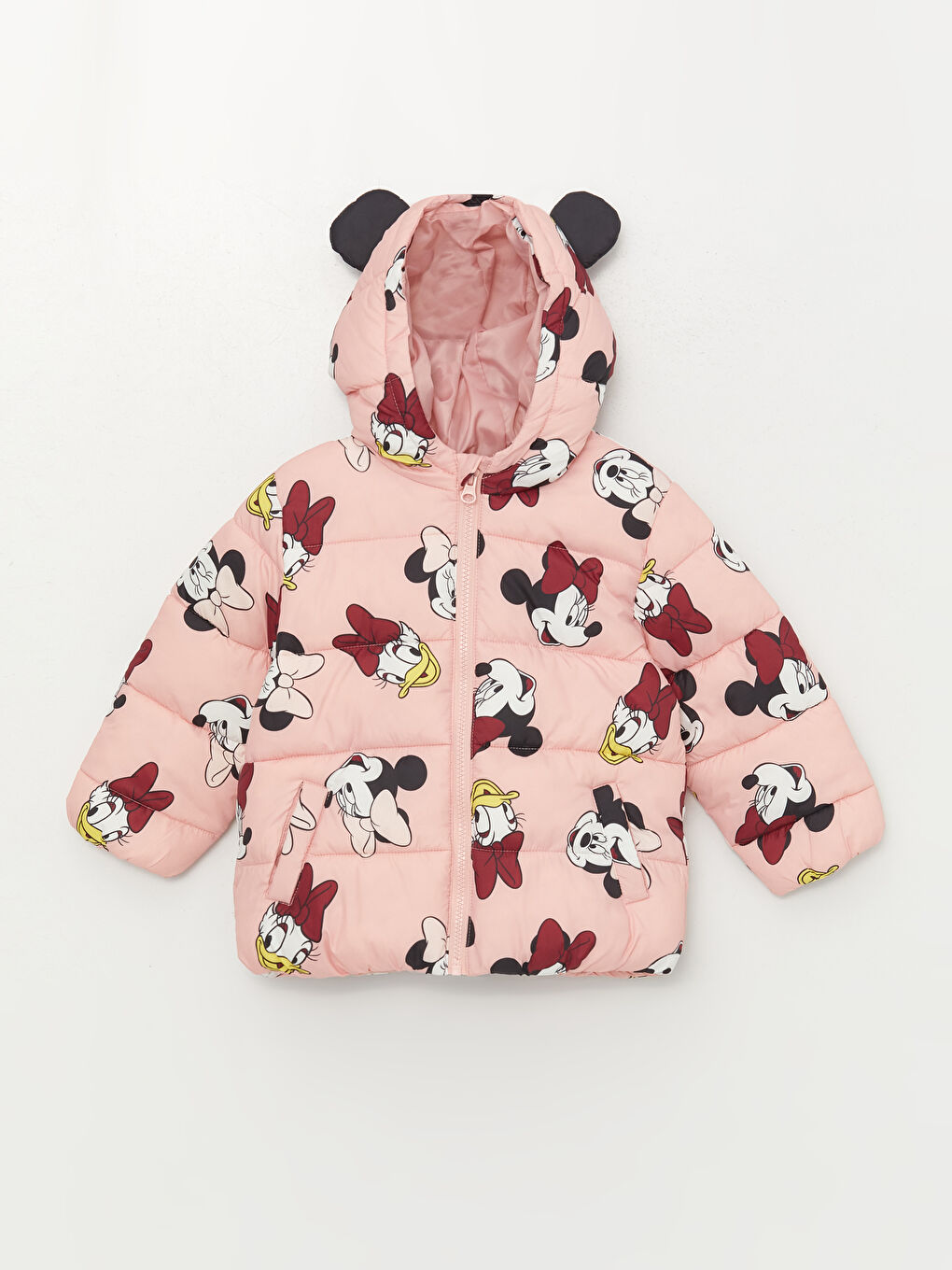 LCW baby Pembe Kapüşonlu Uzun Kollu Minnie Mouse Baskılı Kız Bebek Mont