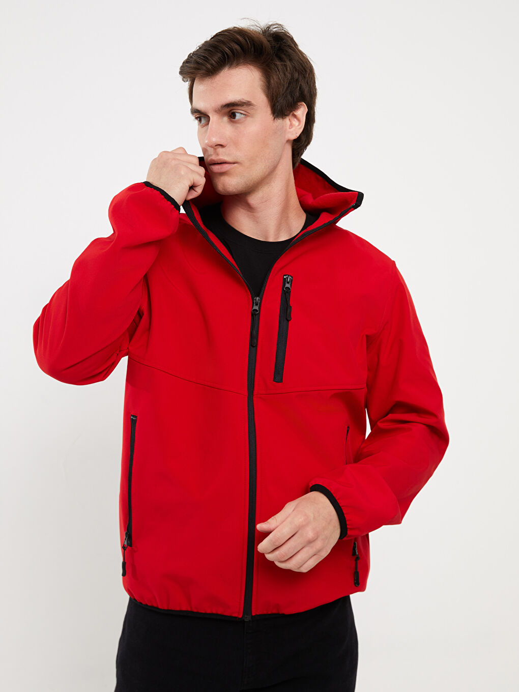 Kırmızı Standart Kalıp Kapüşonlu Erkek Mont-1