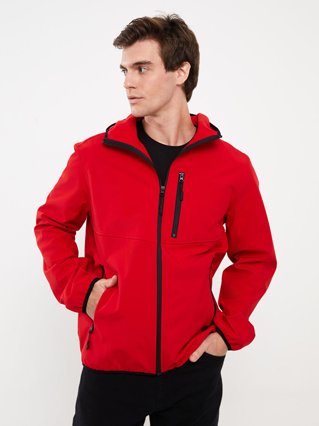 Kırmızı Standart Kalıp Kapüşonlu Erkek Mont-2