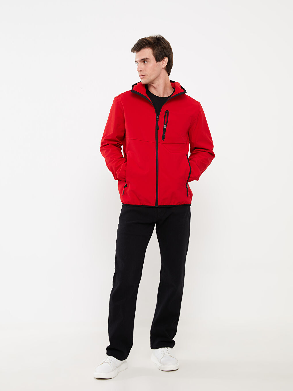 Kırmızı Standart Kalıp Kapüşonlu Erkek Mont-3