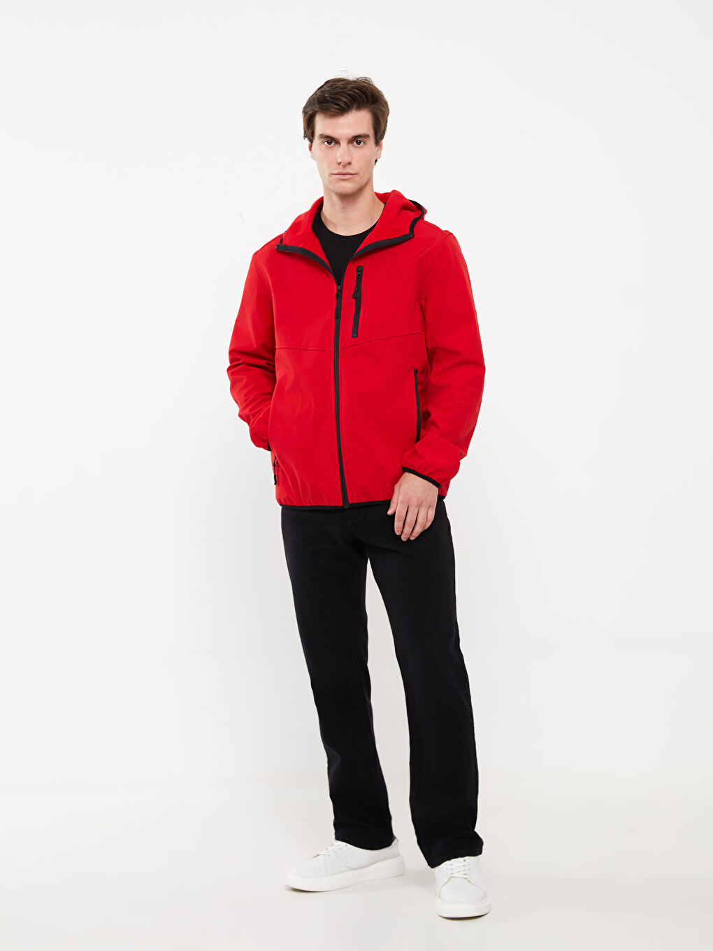 Kırmızı Standart Kalıp Kapüşonlu Erkek Mont-4