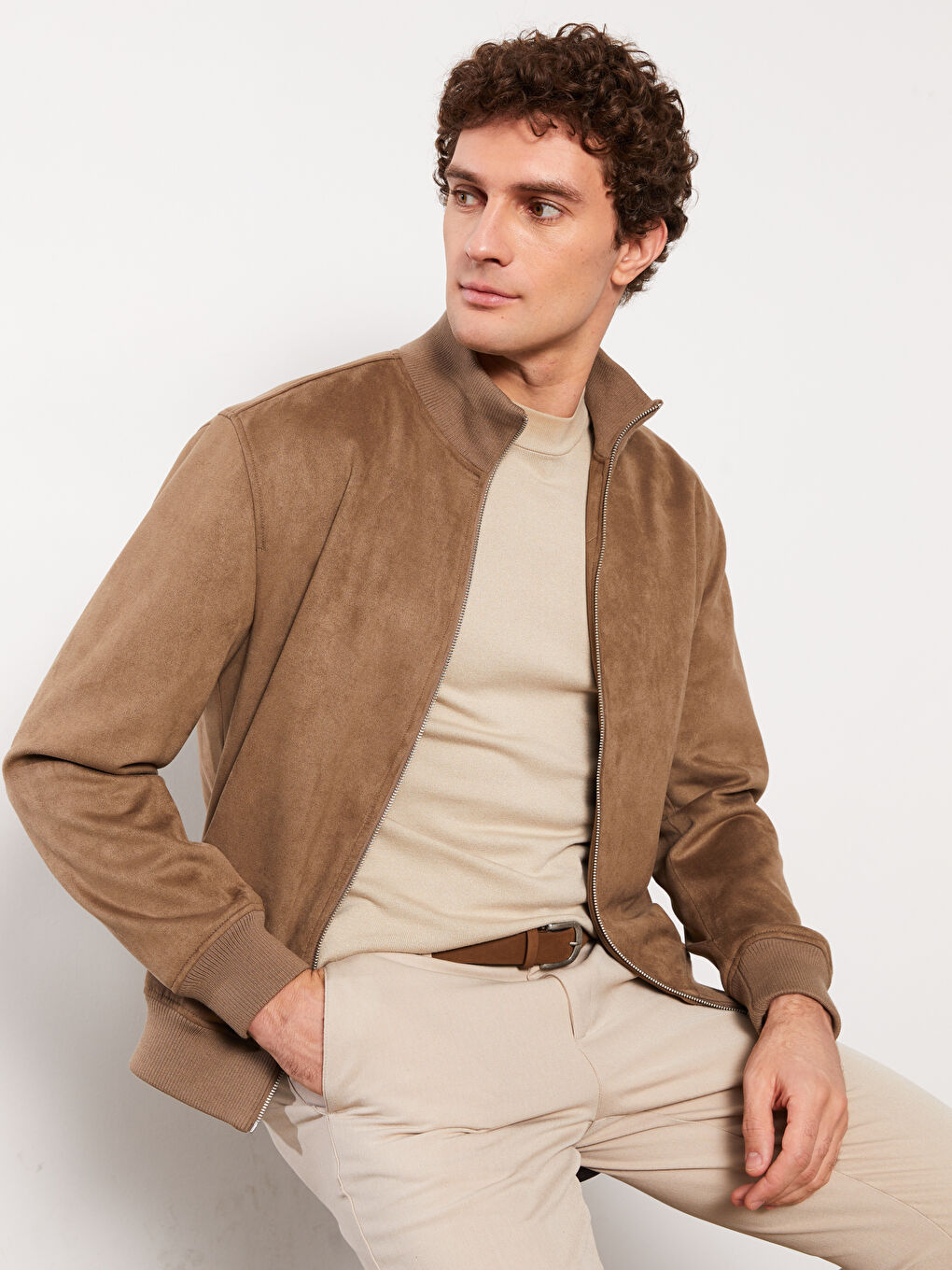 Bej Standart Kalıp Dik Yaka Süet Erkek Mont-2