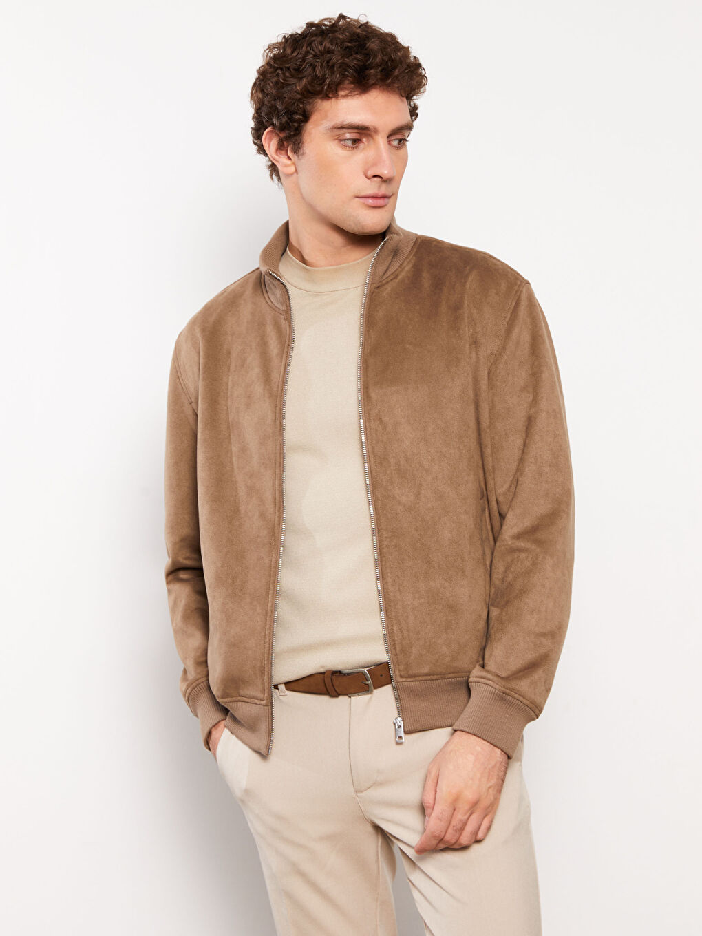 Bej Standart Kalıp Dik Yaka Süet Erkek Mont-4