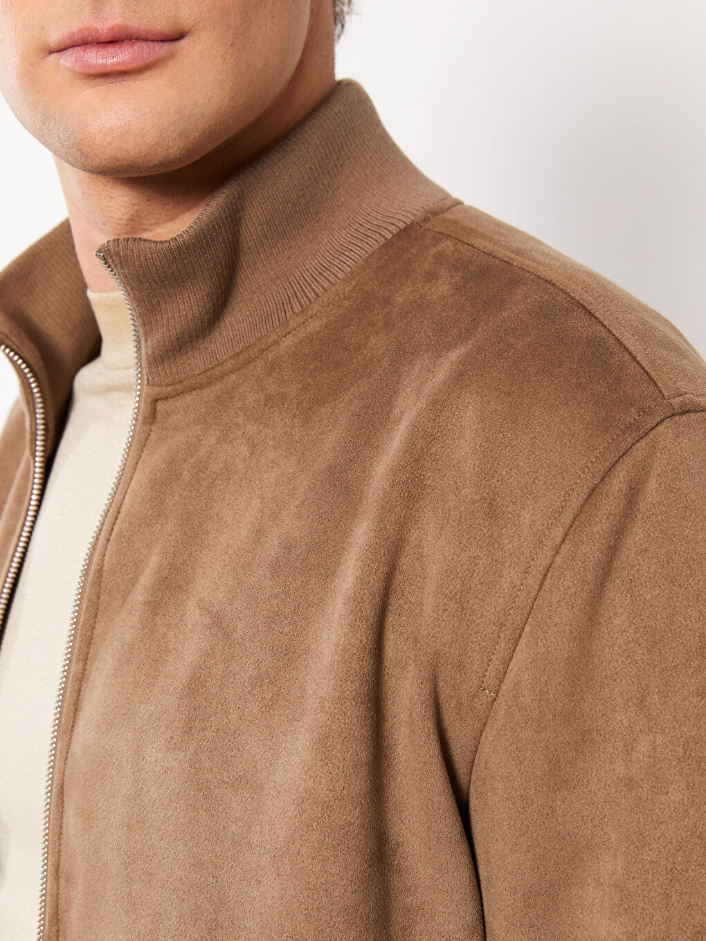 Bej Standart Kalıp Dik Yaka Süet Erkek Mont-6