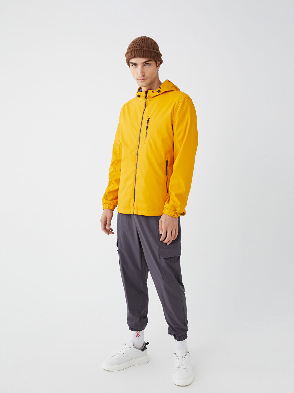 Sarı Standart Kalıp Kapüşonlu Erkek Yağmurluk-1