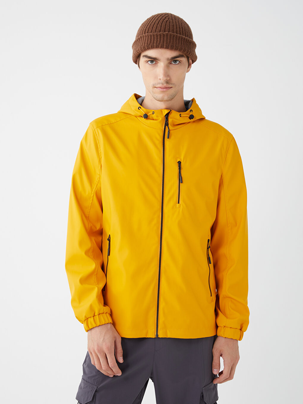 Sarı Standart Kalıp Kapüşonlu Erkek Yağmurluk-2