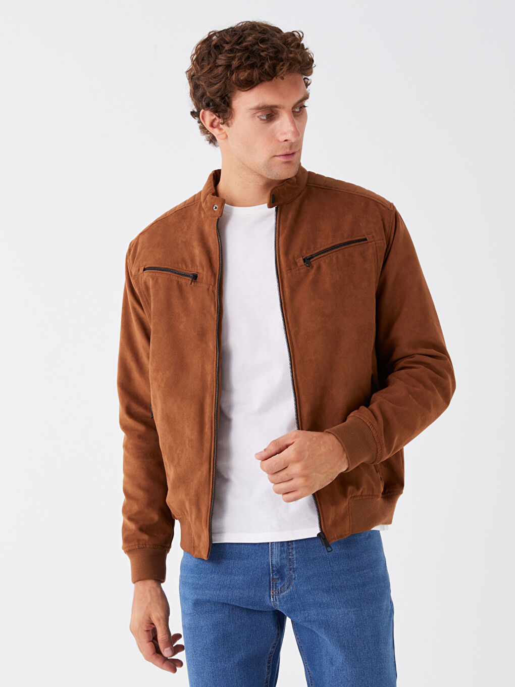 Kahverengi Standart Kalıp Dik Yaka Süet Erkek Mont