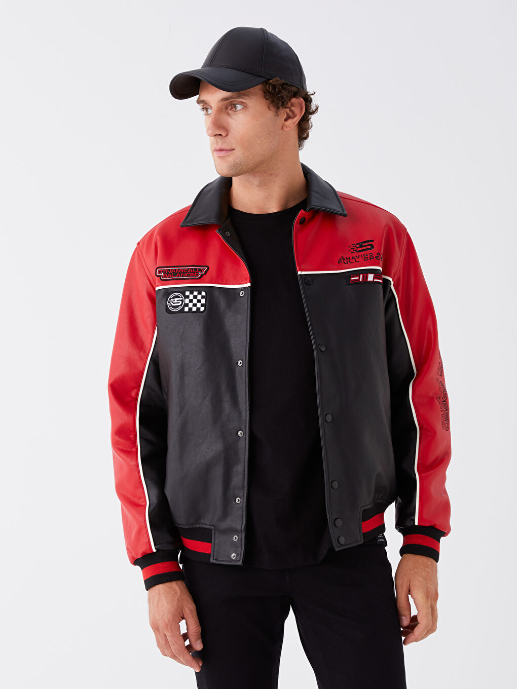 Siyah Standart Kalıp Gömlek Yaka Erkek Deri Görünümlü Mont