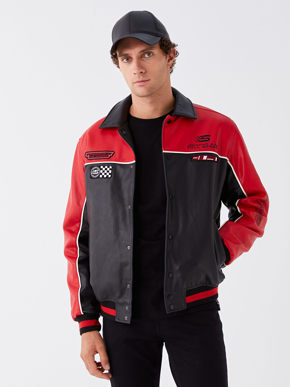 Siyah Standart Kalıp Gömlek Yaka Erkek Deri Görünümlü Mont-1