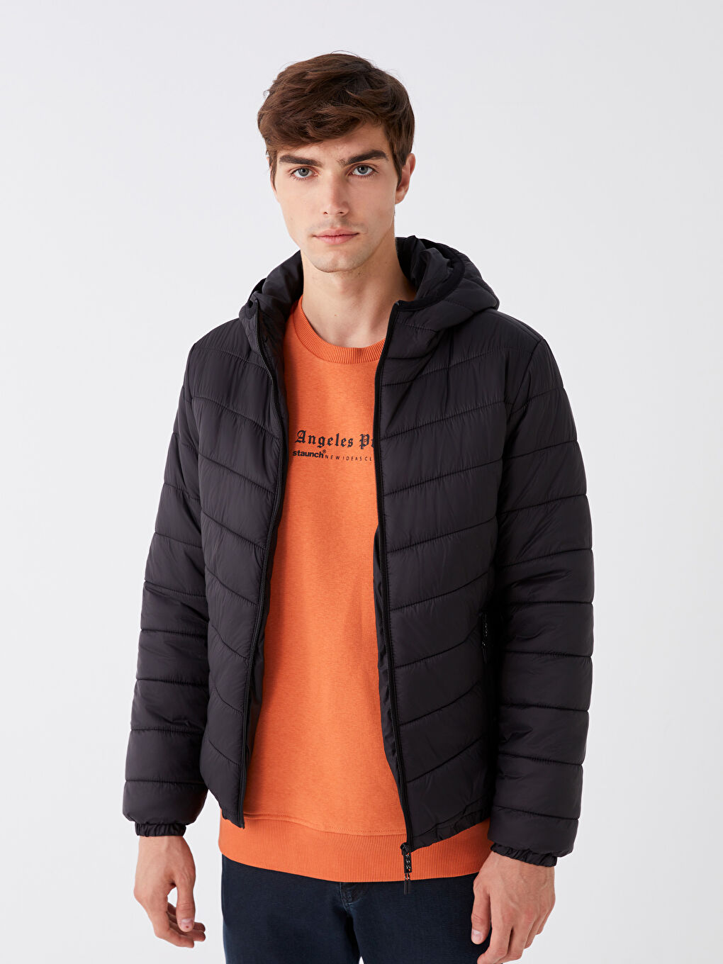 Siyah Slim Fit Kapüşonlu Erkek Şişme Mont